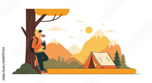 Morning Trekker Resting Underneath A Shady Tree With Mountain Scenery