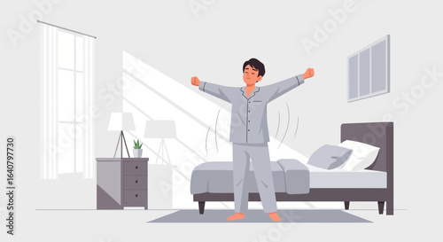 Morning stretch routine, young man in pajamas wakes up and stretches in bedroom