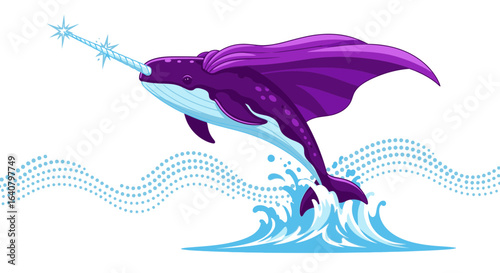 Illustrative Narwhal Superhero Leaping from the Water Depicting Strength and Fantasy