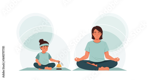 Mother and daughter in meditation pose at home illustration vector format wellness concept lifestyle practicing harmony and mental relaxation