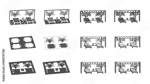 Various depictions of pool side lounge areas with palm trees and sunbeds in different perspectives
