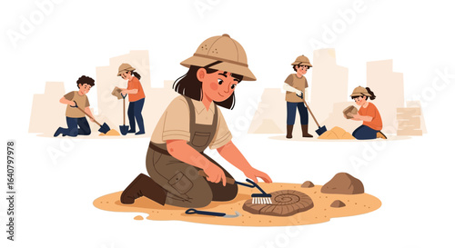 Illustrative scene depicting young paleontologists at work on a fossil dig site