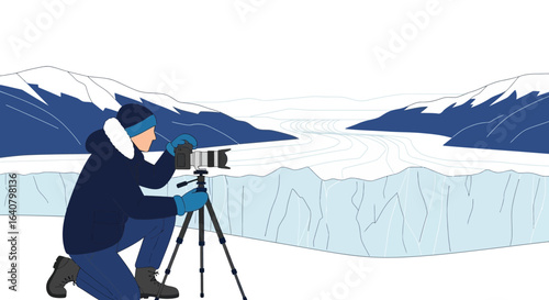 Illustrative scene showcasing a photographer capturing glacial landscape on a winter day