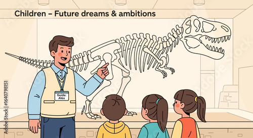 Museum visit with children observing a dinosaur skeleton with a guide explaining paleontology concept for education and science