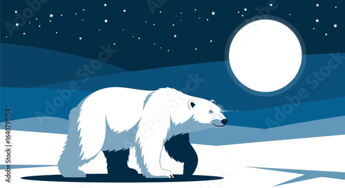 Majestic Polar Bear Under the Arctic Moonlight: A Serene Night Illustration