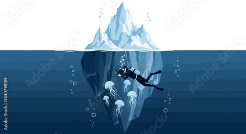 Illustrative scenery of iceberg with diver exploring underwater ecosystem in deep sea