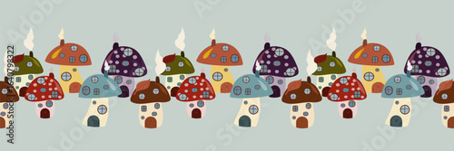 Seamless horizontal border pattern of fairy tale cartoon mushroom houses in various colors, with chimneys and smoke. Ideal for fantasy themes and decorative trims.