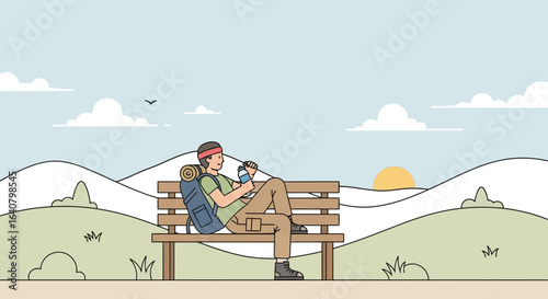 Male Tourist Relaxing On A Bench After Hike In Nature Landscape Illustration