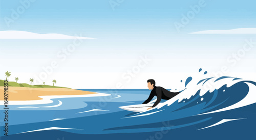 Male Surfer Riding A Big Wave In A Beautiful Ocean On Summer Day