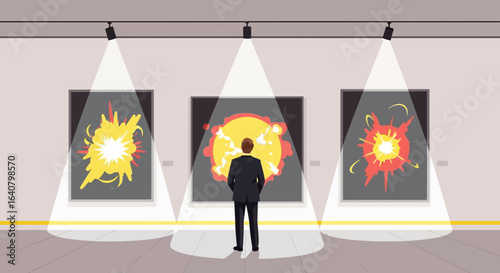 Man admiring abstract expressionism paintings in modern art gallery with spotlights illuminating artwork