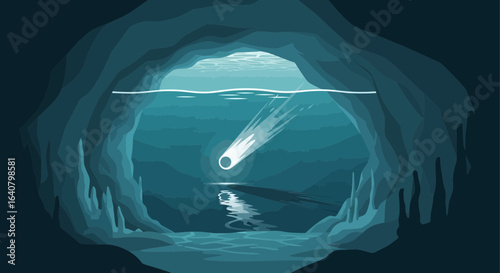 Mystical underwater cave with a glowing object shooting through the water depths scene