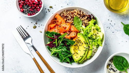A white bowl filled with quinoa, smoked salmon, avocado, greens, and black seeds, sits beside cutlery, pomegranate seeds, and oil.