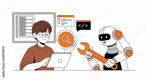 Man And Robot Collaborating On Software Development And Technical Troubleshooting