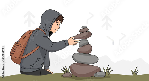 Man Building Cairn With Rocks on Mountain Landscape With Backpack