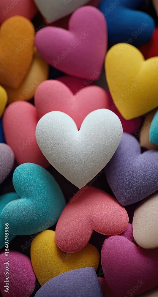 Obraz premium Many colorful hearts, a white heart prominent in the center