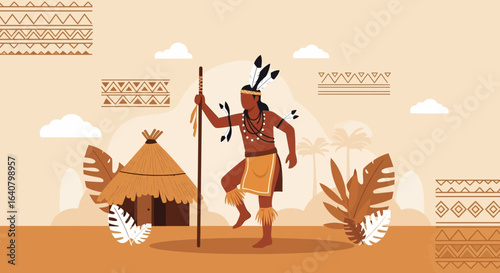 Indigenous culture vector art showcasing traditional attire and dwellings with decorative elements