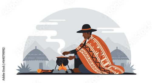 Indigenous Person Preparing Meal over Campfire in Front of Traditional Huts