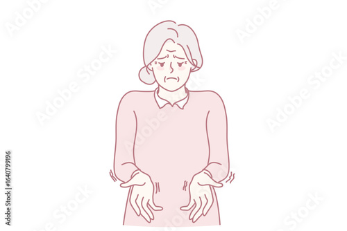 Unhealthy old woman with trembling hands suffer from Parkinson disease. Sick mature grandmother struggle with neurological illness symptoms. Elderly healthcare. Vector illustration.