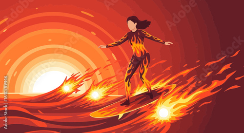 Inferno surf: A fiery surfing scene with a woman riding flaming waves at sunset