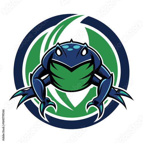 Colorful amphibian design featuring a blue-green frog emblem with a circular background