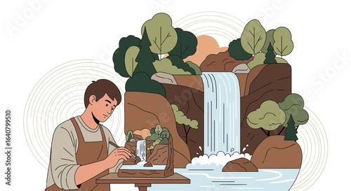 Man Creates Miniature Waterfall Scene With Scale Model Landscape Arrangement