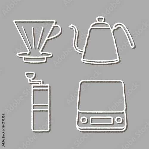 Pour over dripper and gooseneck kettle with grinder and scale line icons