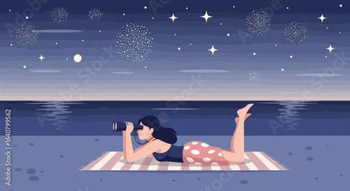 Night Vision Woman Watching Sea Stars With Binoculars At Beach Seaside