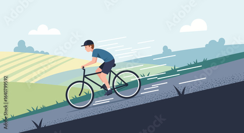 Man Cycling Outdoors On A Road Surrounded By Nature And Fields On A Sunny Day
