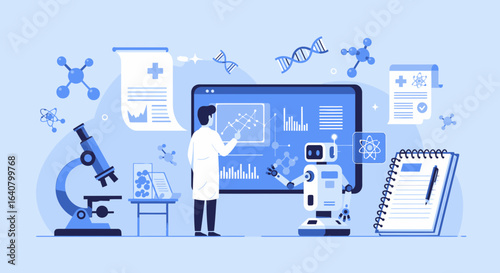 Innovative Lab Research With Scientist and Robot Analyzing Data for Scientific Discovery
