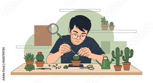 Man Engaged in the Meticulous Propagation and Nurturing of Succulents Indoors