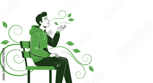 Man Enjoying Fresh Air Sitting On a Bench Surrounded By Nature Elements