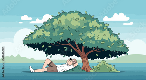 Man Enjoying Quiet Afternoon Napping Under a Lush Green Tree For Relaxation