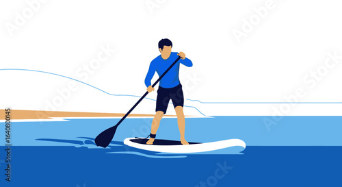 Man enjoying stand up paddleboarding in a serene seascape scene illustration