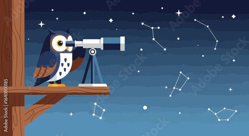 Observing Constellations With An Owl Astronomer On A Peaceful Starry Night