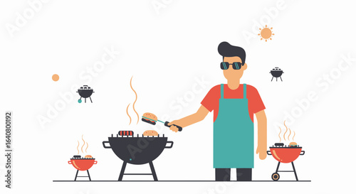 Man Enjoying Summer Barbecue Party With Hamburgers And Sausages Illustration