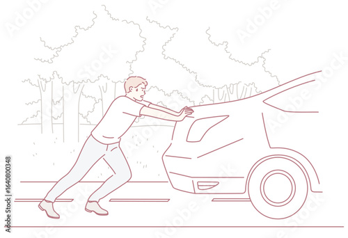 A person is pushing a car past a line of trees, representing the idea of providing help during challenging times