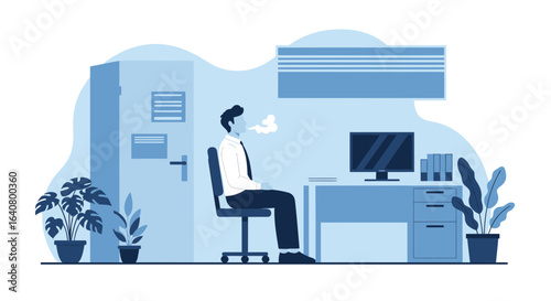 Office environment showing tired employee stressed at his desk in monotone shades