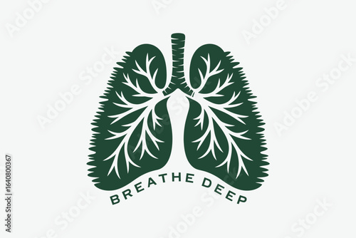A stylized green lung illustration with tree branch veins and the words breathe deep below it