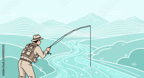 Man Fishing In Serene River Surrounded By Rolling Hills And Distant Mountains