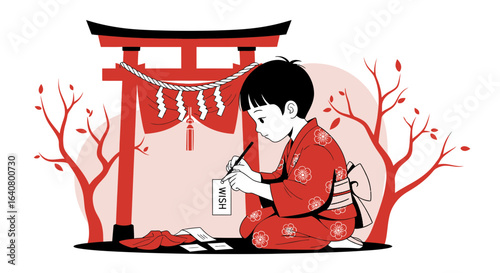Japanese Boy Writes A Wish At Traditional Shrine In Minimalist Illustration