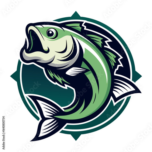 Bass fish leaping out of water in an artistic design with circular background and bold colors