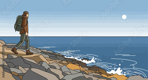 Man Hiking Along Rocky Coastline With Backpack Enjoying Scenic View