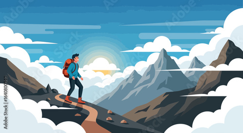 Man hiking in the mountains above the clouds at sunrise creating a sense of adventure and achievement reaching new heights