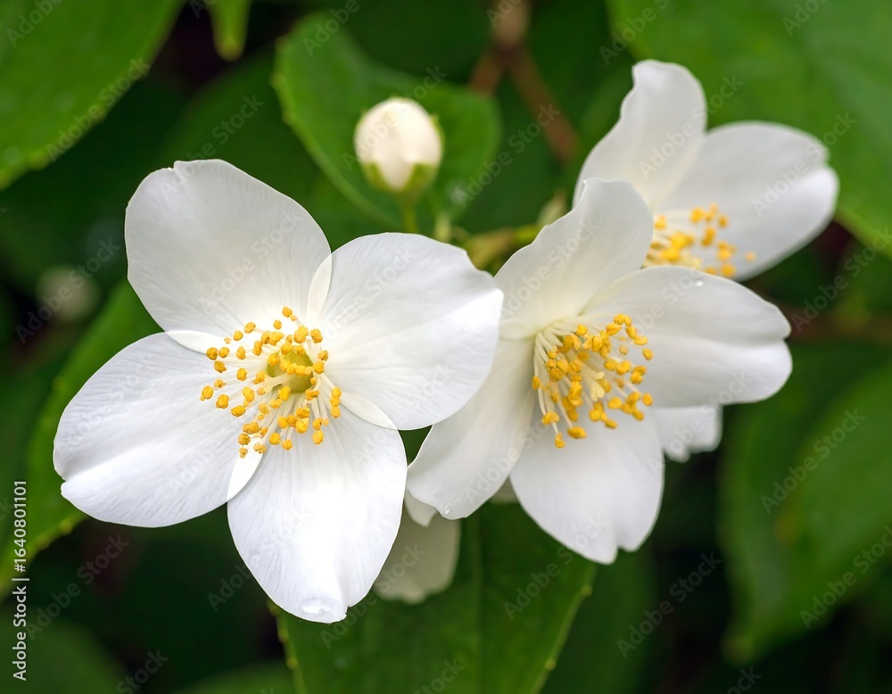 Three pristine white blossoms with yellow centers, nestled amongst vibrant green foliage Three pristine white blossoms with yellow centers, nestled amongst vibrant green foliage