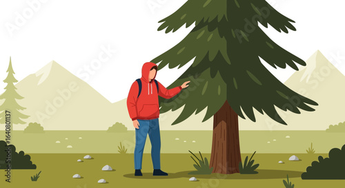 Man In Nature Exploring Evergreens During A Hike In The Mountains