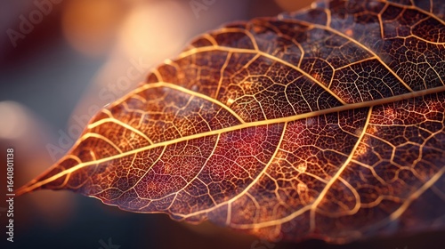 Close-up of a Translucent Brown Leaf with Intricate Veins and Golden Highlights