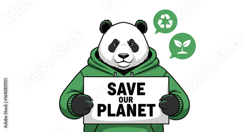 Panda Activist Holding Save Our Planet Sign In Green Hoodie Isolated