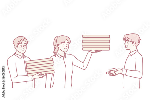 Smiling investors give successful businessman coins for saving and income. Businesspeople put money on deposit in bank. Finance and investment concept. Vector illustration.