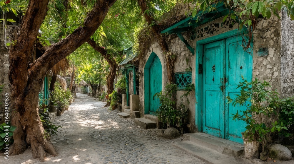 Fototapeta premium Sunlit Alleyway with Turquoise Doors and Stone Walls