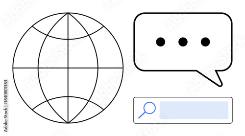 Globe with latitude and longitude lines, speech bubble with dots, and magnifying glass over search bar. Ideal for communication, network, internet, globalization, research, technology simple landing